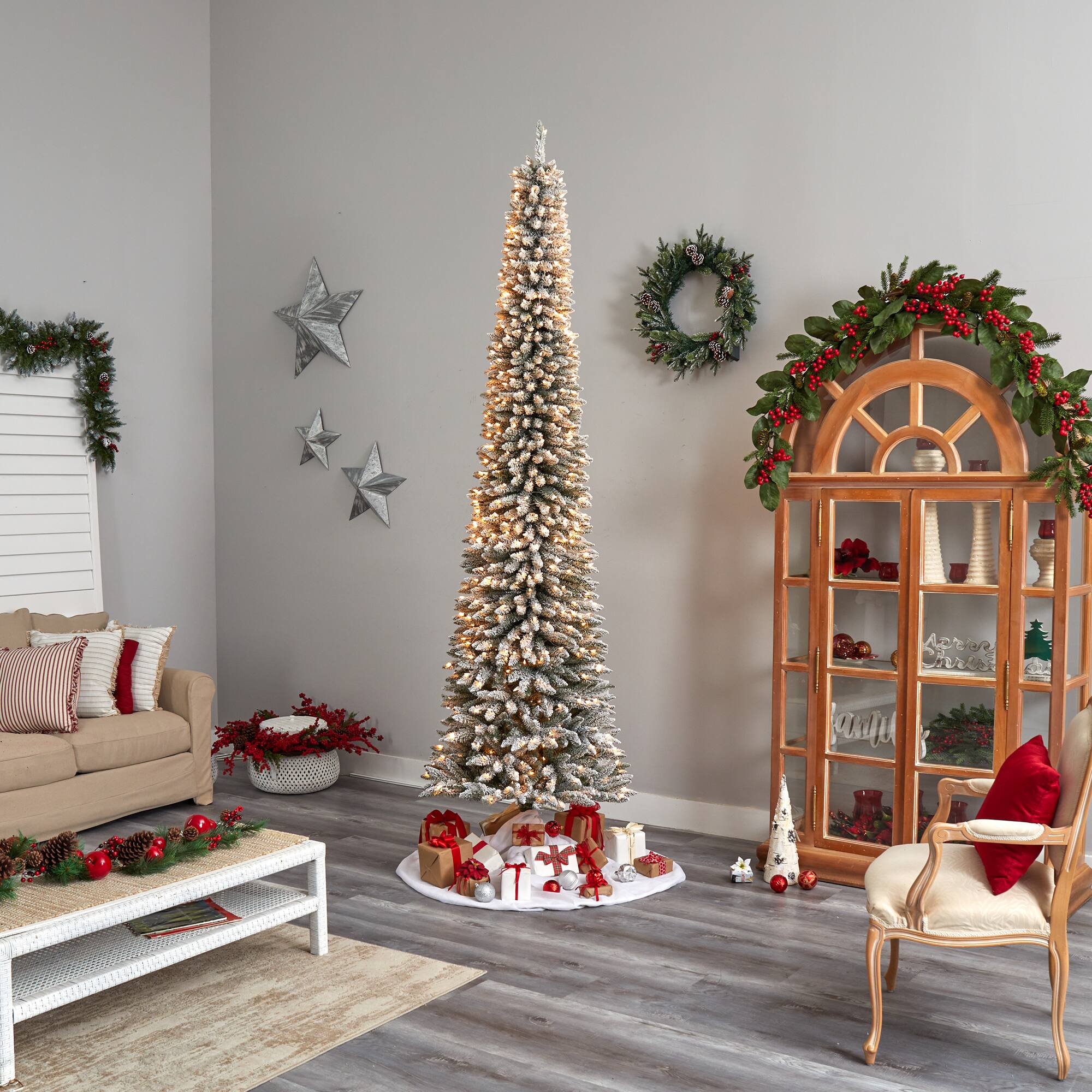 10ft. Pre-Lit Flocked Pencil Artificial Christmas Tree, Clear Lights